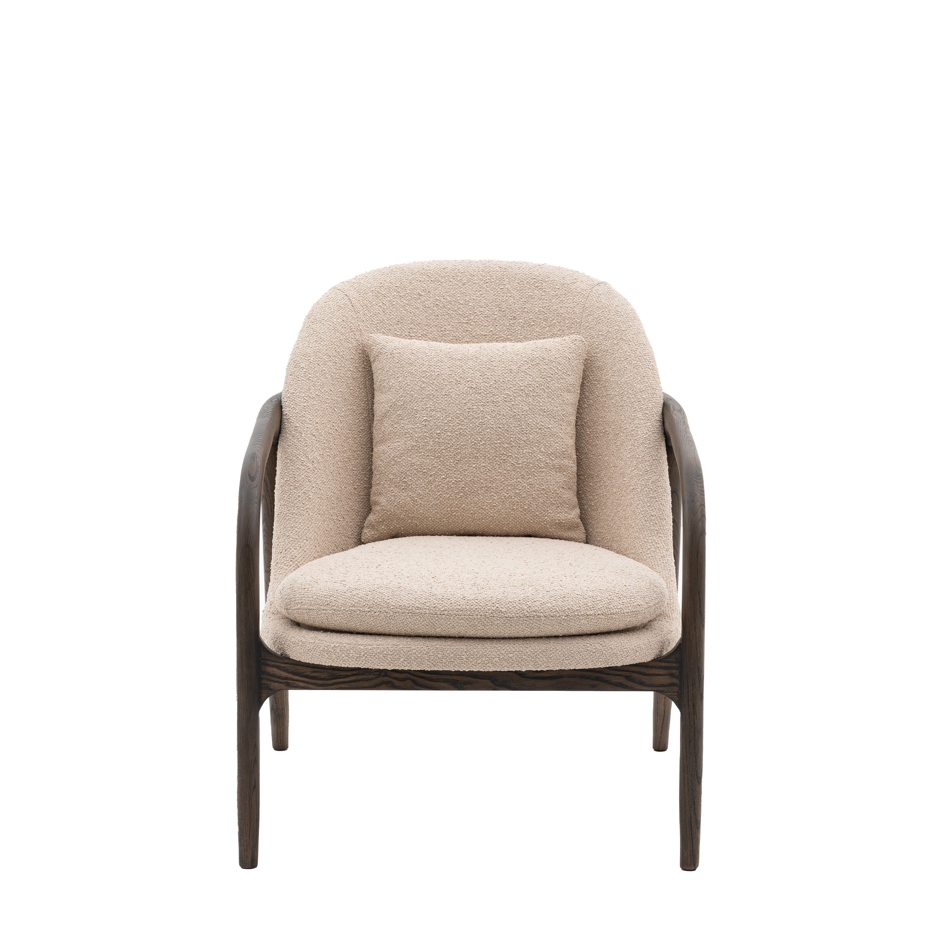 Arabella Dark Oak Wood & Taupe Boucle Curved Armchair